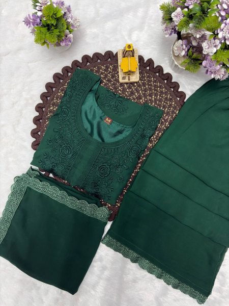 Captivating Green Women s Fox Blooming Georgette Top Palazzo Set Plain With Border Lace Ready To Wear Collection