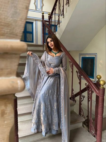 Captivating Grey Anarkali Flared Dress with Intricate Mirror Work Bodice    Ready To Wear Suit