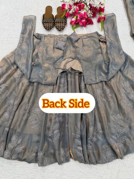 Captivating Grey Anarkali Flared Dress with Intricate Mirror Work Bodice    Ready To Wear Collection