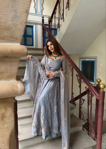 Captivating Grey Anarkali Flared Dress with Intricate Mirror Work Bodice    Ready To Wear Collection