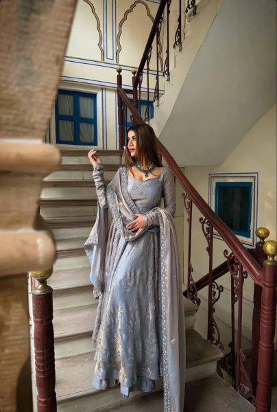 Captivating Grey Anarkali Flared Dress with Intricate Mirror Work Bodice    Ready To Wear Collection