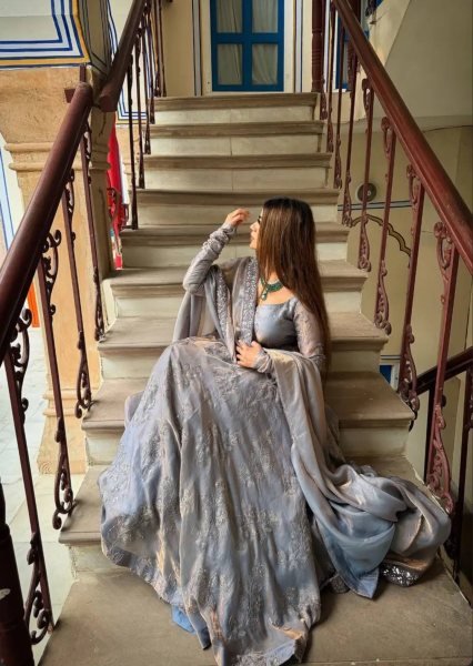 Captivating Grey Anarkali Flared Dress with Intricate Mirror Work Bodice    Ready To Wear Collection