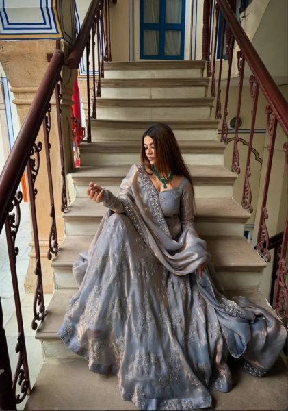 Captivating Grey Anarkali Flared Dress with Intricate Mirror Work Bodice    Ready To Wear Collection
