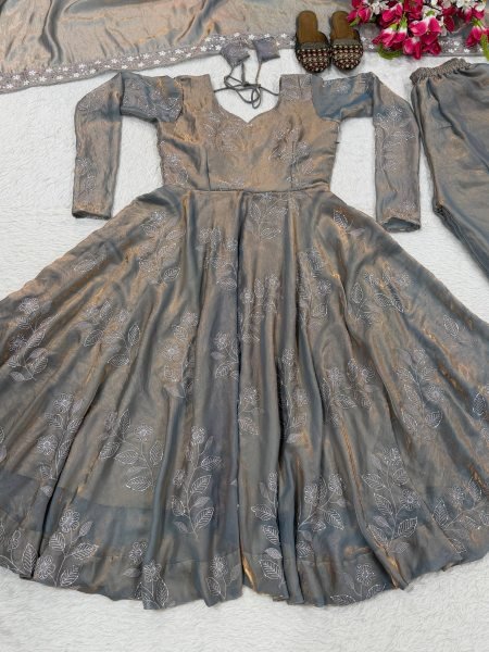Captivating Grey Anarkali Flared Dress with Intricate Mirror Work Bodice    Ready To Wear Collection