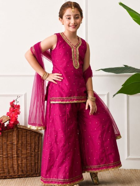 Captivating Hot Pink Girls Cotton Silk Sharara Suit with Embroidered Top and Net Dupatta Kurtis