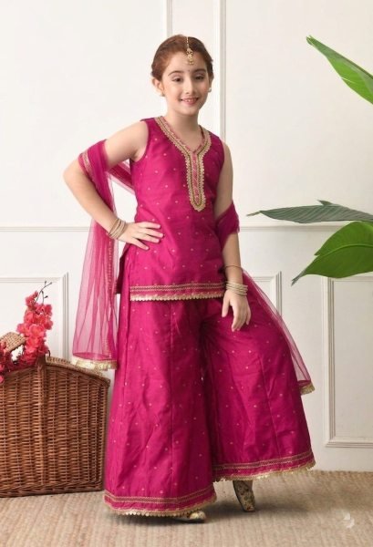 Captivating Hot Pink Girls Cotton Silk Sharara Suit with Embroidered Top and Net Dupatta Girls Wear