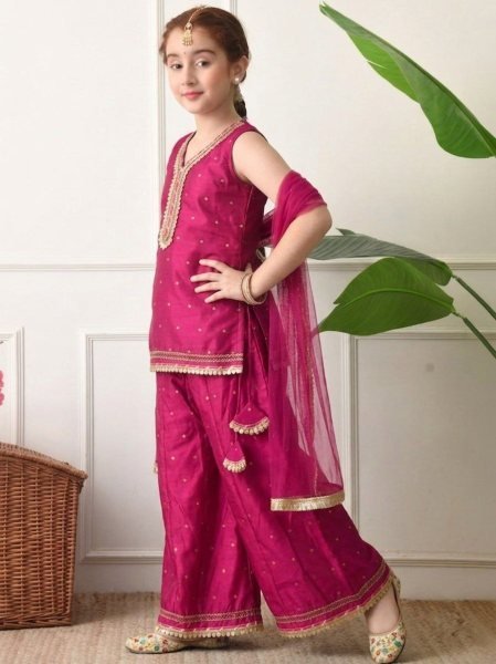 Captivating Hot Pink Girls Cotton Silk Sharara Suit with Embroidered Top and Net Dupatta Girls Wear