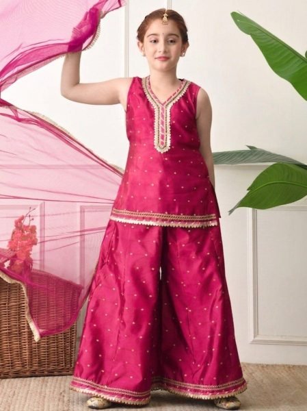Captivating Hot Pink Girls Cotton Silk Sharara Suit with Embroidered Top and Net Dupatta Girls Wear