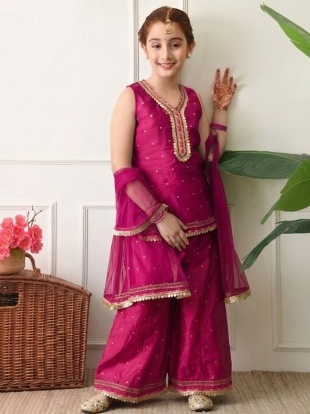 Captivating Hot Pink Girls Cotton Silk Sharara Suit with Embroidered Top and Net Dupatta Girls Wear