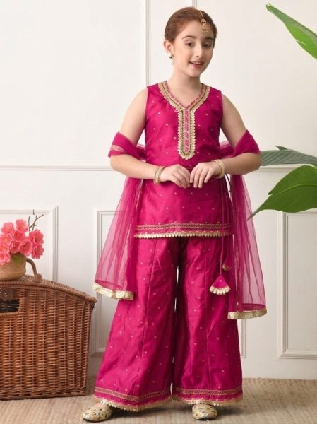 Captivating Hot Pink Girls Cotton Silk Sharara Suit with Embroidered Top and Net Dupatta Girls Wear