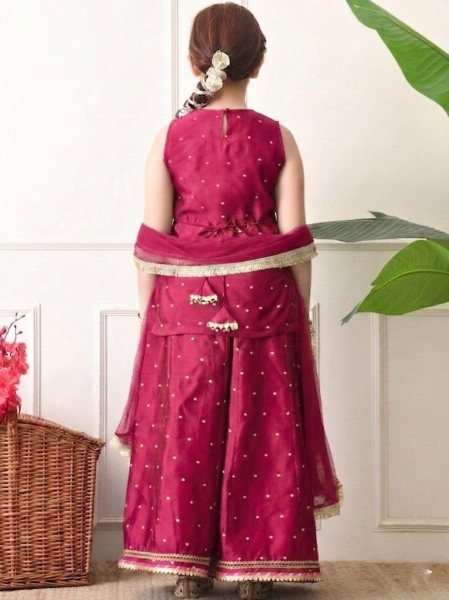 Captivating Hot Pink Girls Cotton Silk Sharara Suit with Embroidered Top and Net Dupatta Girls Wear