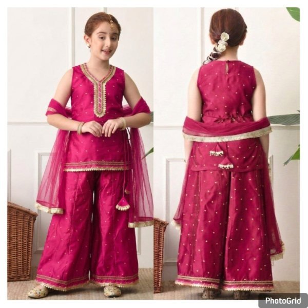 Captivating Hot Pink Girls Cotton Silk Sharara Suit with Embroidered Top and Net Dupatta Girls Wear