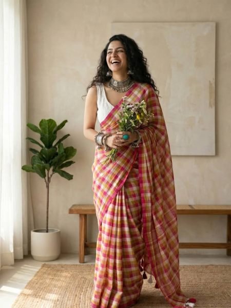 Captivating Hot Pink Linen Cotton Check Print Digital Printed Saree at Wholesale Rate Sarees 