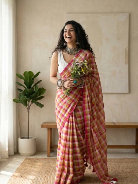 Captivating Hot Pink Linen Cotton Check Print Digital Printed Saree at Wholesale Rate Printed Cotton Sarees Wholesale