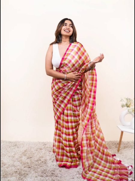 Captivating Hot Pink Linen Cotton Check Print Digital Printed Saree at Wholesale Rate Printed Cotton Sarees Wholesale