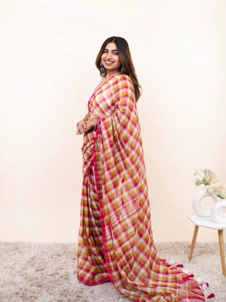 Captivating Hot Pink Linen Cotton Check Print Digital Printed Saree at Wholesale Rate Printed Cotton Sarees Wholesale