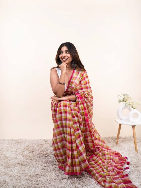 Captivating Hot Pink Linen Cotton Check Print Digital Printed Saree at Wholesale Rate Printed Cotton Sarees Wholesale