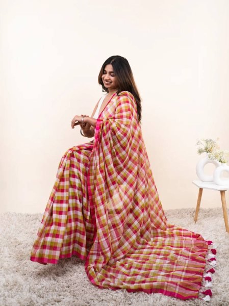Captivating Hot Pink Linen Cotton Check Print Digital Printed Saree at Wholesale Rate Printed Cotton Sarees Wholesale