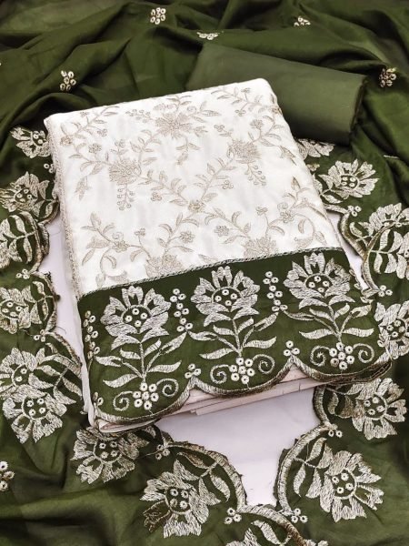 Captivating Mahendi Green Elegant Vichitra Silk Suit with Multi All Over Work for Women 