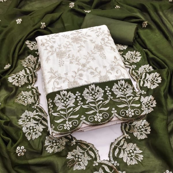 Captivating Mahendi Green Elegant Vichitra Silk Suit with Multi All Over Work for Women Color Set Matching Dress Material Wholesale