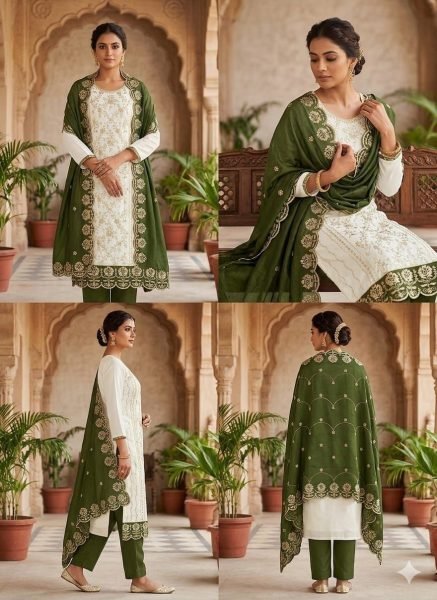 Captivating Mahendi Green Elegant Vichitra Silk Suit with Multi All Over Work for Women Color Set Matching Dress Material Wholesale