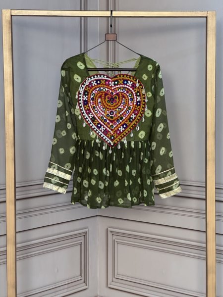 Captivating Mahendi Green Navratri Wear Bandhani Print Top with Kutchi Patchwork Work Tunics kurti