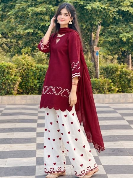 Captivating Maroon Designer Heavy Roman Silk Top with Farshi Salwar and Dupatta Ready To Wear Suit