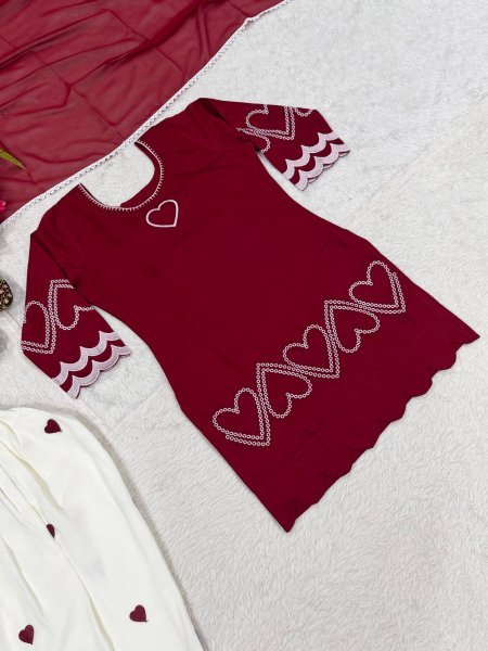 Captivating Maroon Designer Heavy Roman Silk Top with Farshi Salwar and Dupatta Ready To Wear Collection