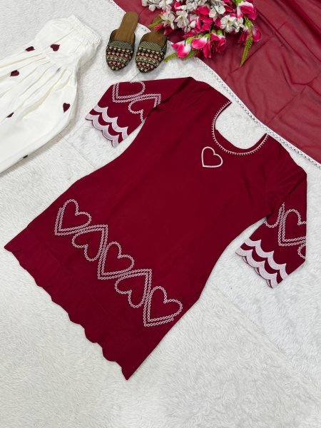 Captivating Maroon Designer Heavy Roman Silk Top with Farshi Salwar and Dupatta Ready To Wear Collection