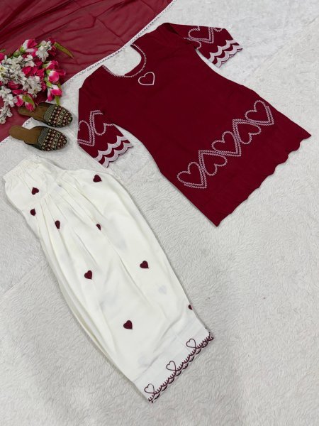 Captivating Maroon Designer Heavy Roman Silk Top with Farshi Salwar and Dupatta Ready To Wear Collection