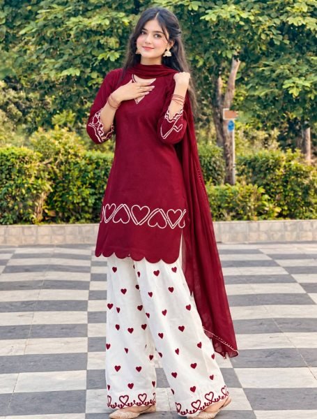Captivating Maroon Designer Heavy Roman Silk Top with Farshi Salwar and Dupatta Ready To Wear Collection
