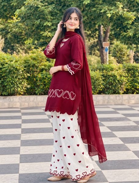 Captivating Maroon Designer Heavy Roman Silk Top with Farshi Salwar and Dupatta Ready To Wear Collection