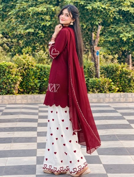 Captivating Maroon Designer Heavy Roman Silk Top with Farshi Salwar and Dupatta Ready To Wear Collection