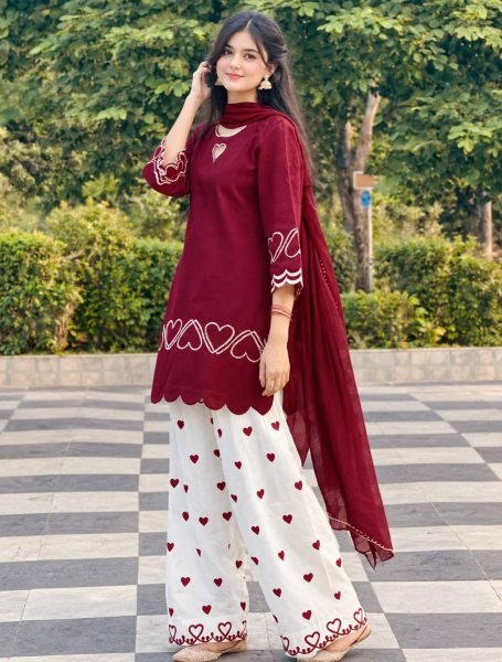 Captivating Maroon Designer Heavy Roman Silk Top with Farshi Salwar and Dupatta Ready To Wear Collection