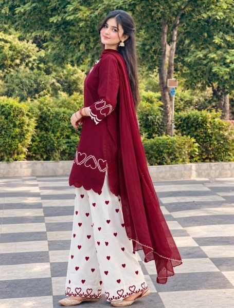 Captivating Maroon Designer Heavy Roman Silk Top with Farshi Salwar and Dupatta Ready To Wear Collection