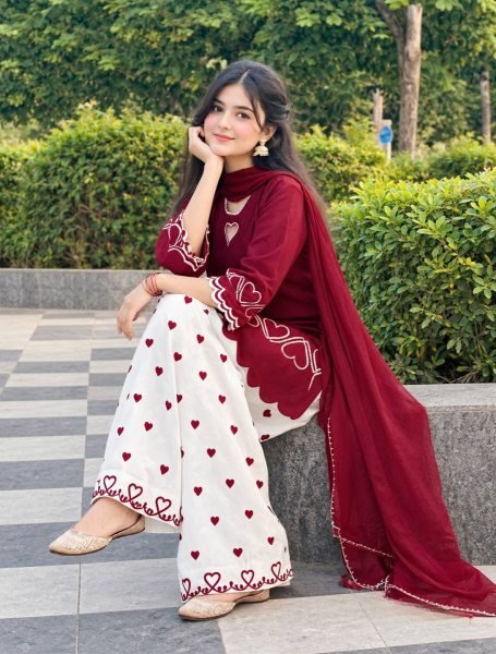 Captivating Maroon Designer Heavy Roman Silk Top with Farshi Salwar and Dupatta Ready To Wear Collection