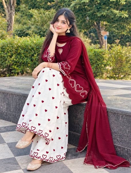 Captivating Maroon Designer Heavy Roman Silk Top with Farshi Salwar and Dupatta Ready To Wear Collection