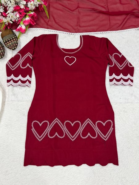 Captivating Maroon Designer Heavy Roman Silk Top with Farshi Salwar and Dupatta Ready To Wear Collection