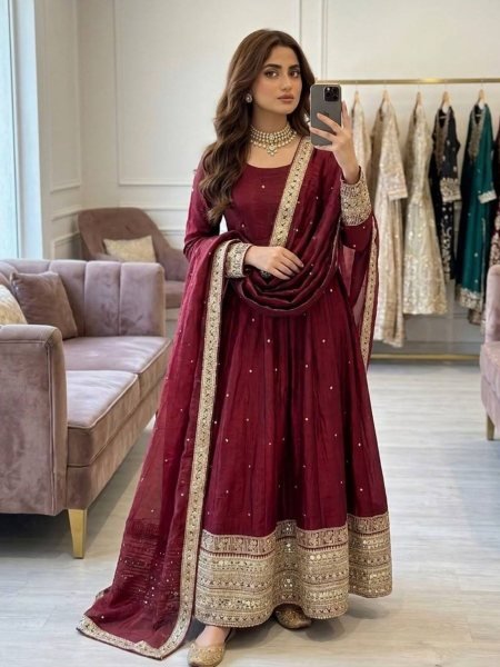 Captivating Maroon Fendy Satin Silk Gown Pant And Dupatta With Embroidery Work For Party Wear 