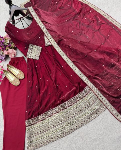 Captivating Maroon Fendy Satin Silk Gown Pant And Dupatta With Embroidery Work For Party Wear Ready To Wear Collection