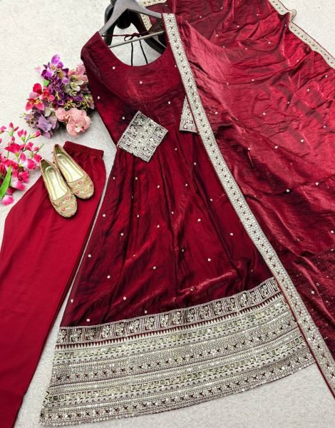 Captivating Maroon Fendy Satin Silk Gown Pant And Dupatta With Embroidery Work For Party Wear Ready To Wear Collection