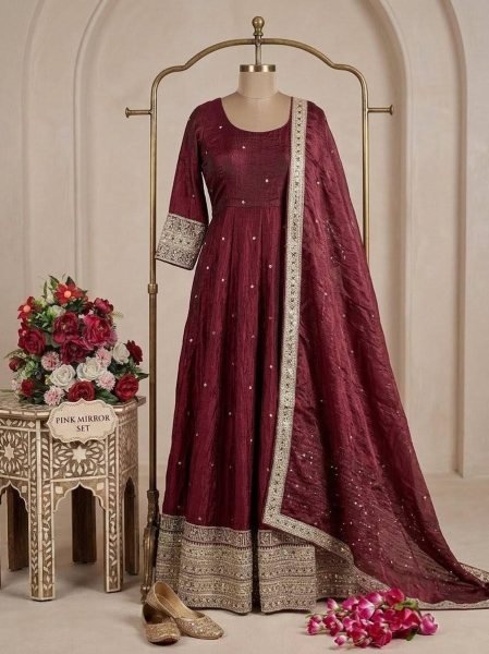 Captivating Maroon Fendy Satin Silk Gown Pant And Dupatta With Embroidery Work For Party Wear Ready To Wear Collection