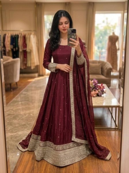 Captivating Maroon Fendy Satin Silk Gown Pant And Dupatta With Embroidery Work For Party Wear Ready To Wear Collection