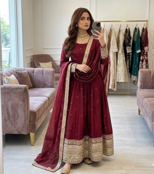 Captivating Maroon Fendy Satin Silk Gown Pant And Dupatta With Embroidery Work For Party Wear Ready To Wear Collection