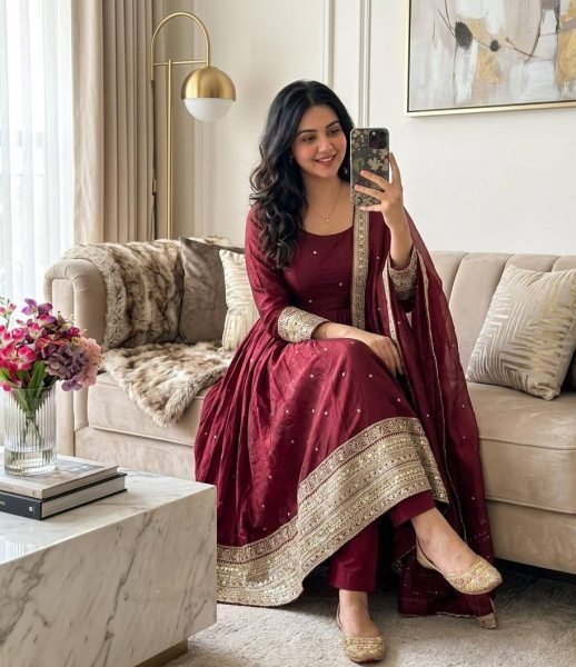 Captivating Maroon Fendy Satin Silk Gown Pant And Dupatta With Embroidery Work For Party Wear Ready To Wear Collection