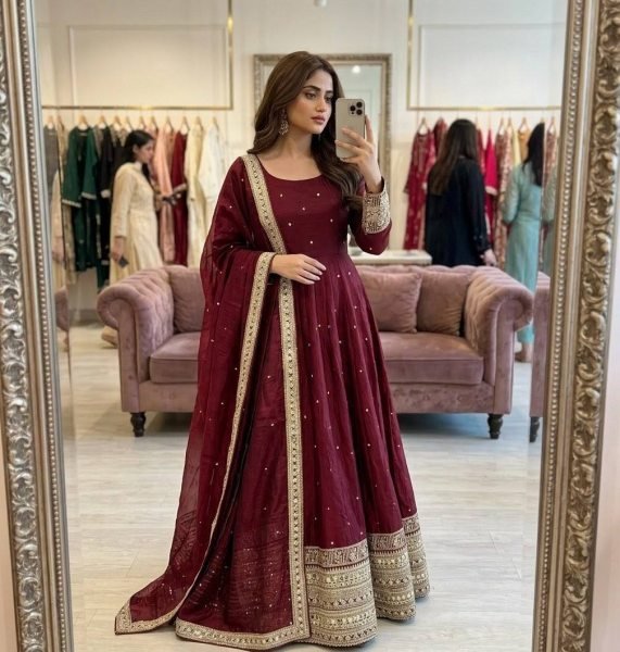 Captivating Maroon Fendy Satin Silk Gown Pant And Dupatta With Embroidery Work For Party Wear Ready To Wear Collection