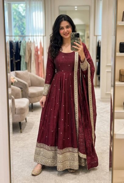 Captivating Maroon Fendy Satin Silk Gown Pant And Dupatta With Embroidery Work For Party Wear Ready To Wear Collection