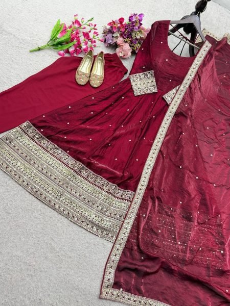 Captivating Maroon Fendy Satin Silk Gown Pant And Dupatta With Embroidery Work For Party Wear Ready To Wear Collection