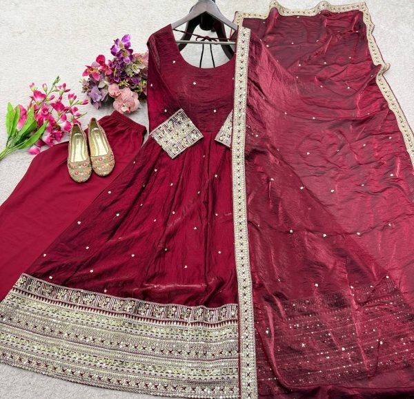 Captivating Maroon Fendy Satin Silk Gown Pant And Dupatta With Embroidery Work For Party Wear Ready To Wear Collection
