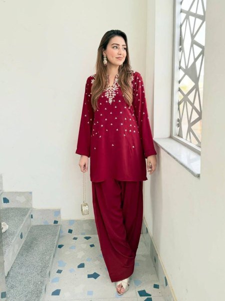 Captivating Maroon French Crepe Kurti Pant Dupatta Set With Embroidered Work For Party Wear Ready To Wear Suit